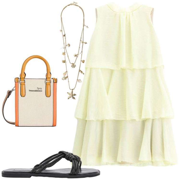 Outfit donna - City. Stile Casual chic per Tutti i giorni. Abbinamento con borse tote, sandali, collane, vestiti corti.