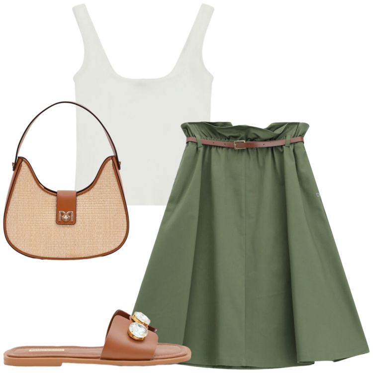 Outfit donna - City. Stile Casual chic per Tutti i giorni. Abbinamento con gonne longuette, top, sandali gioiello, borse a spalla.