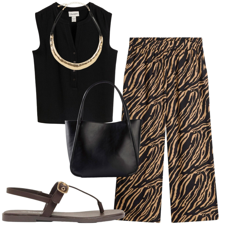 Outfit donna - City. Stile Casual chic per Tutti i giorni. Abbinamento con pantaloni, top, collane, shopping bag, sandali.
