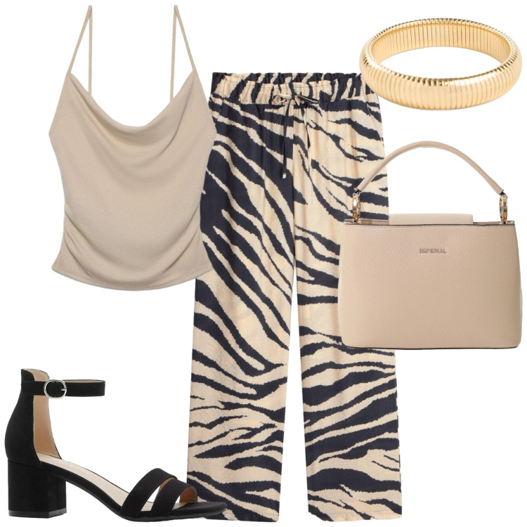 Outfit donna - Giugno. Stile Casual chic per Tutti i giorni. Abbinamento con sandali col tacco, braccialetti, pantaloni a palazzo, canottiere, borse a secchiello.