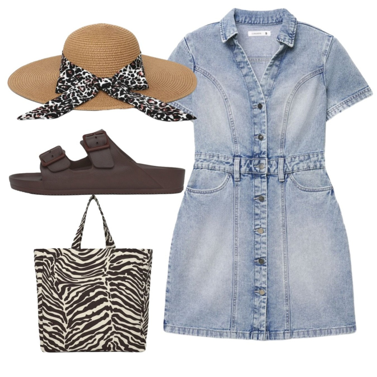 Outfit donna - Total look. Stile Casual per Tutti i giorni. Abbinamento con cappelli, vestiti corti, shopping bag, ciabatte.