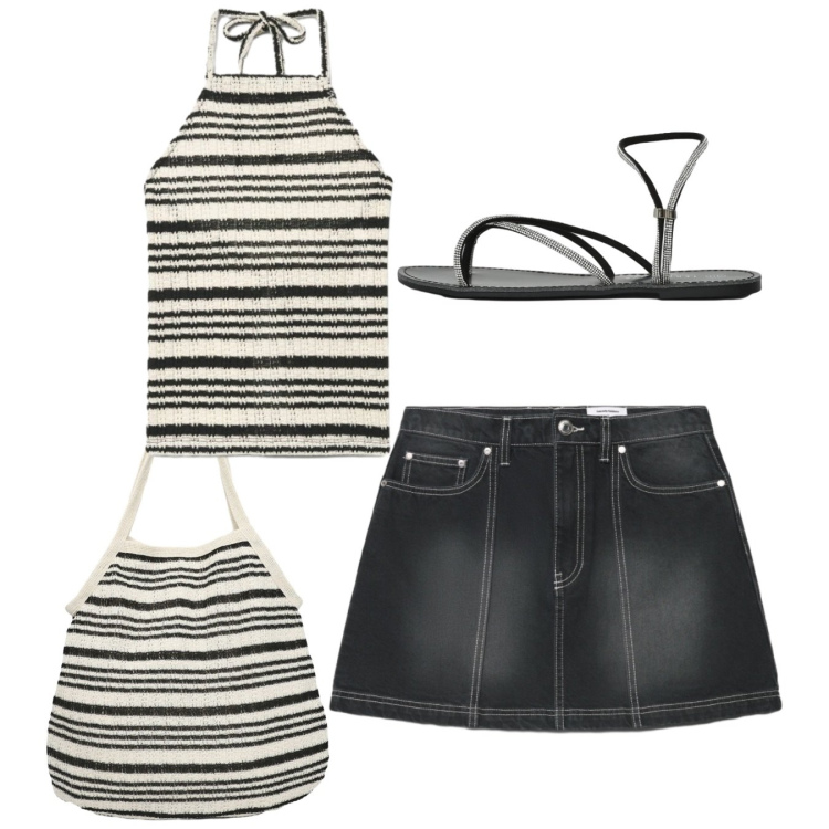 Outfit donna - Total look. Stile Casual per Tutti i giorni. Abbinamento con minigonne, sandali, shopping bag, canottiere.