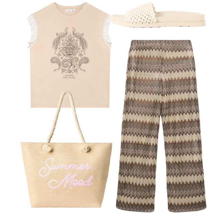Outfit donna - Casual chic. Stile Casual chic per Tutti i giorni. Abbinamento con ciabatte, t-shirt, borse tote, pantaloni.