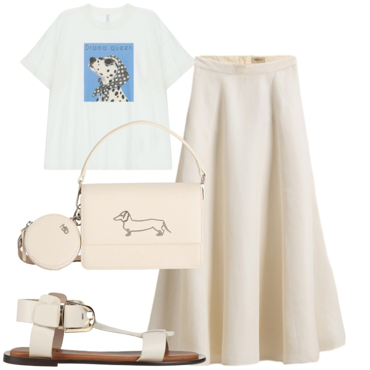Outfit donna - City. Stile Casual chic per Tutti i giorni. Abbinamento con sandali alla schiava, t-shirt, borse a tracolla, gonne lunghe.