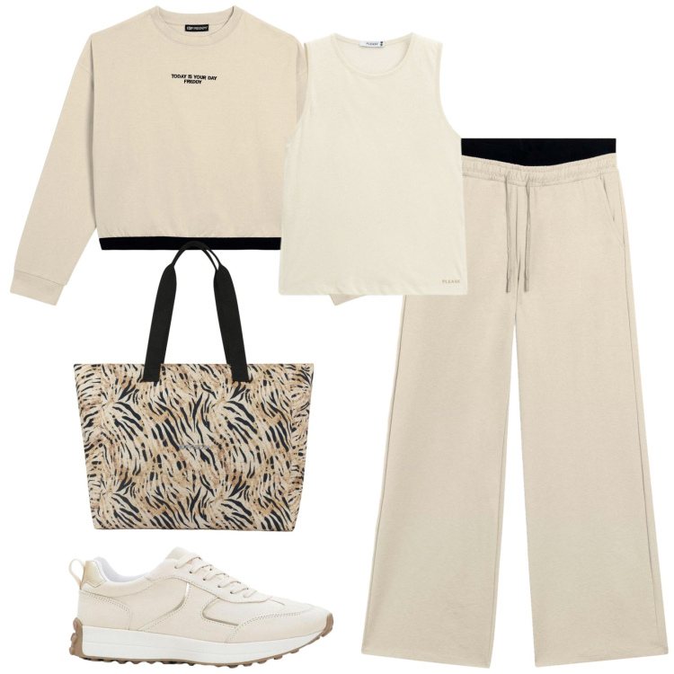 Outfit donna - Total look #2426556. Stile Sporty chic per Tutti i giorni. Abbinamento con sneakers, top, pantaloni, shopping bag, felpe.