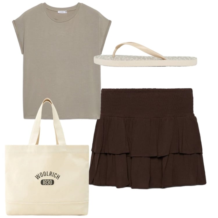 Outfit donna - Total look. Stile Basic per Tutti i giorni. Abbinamento con infradito, t-shirt, minigonne, borse tote.