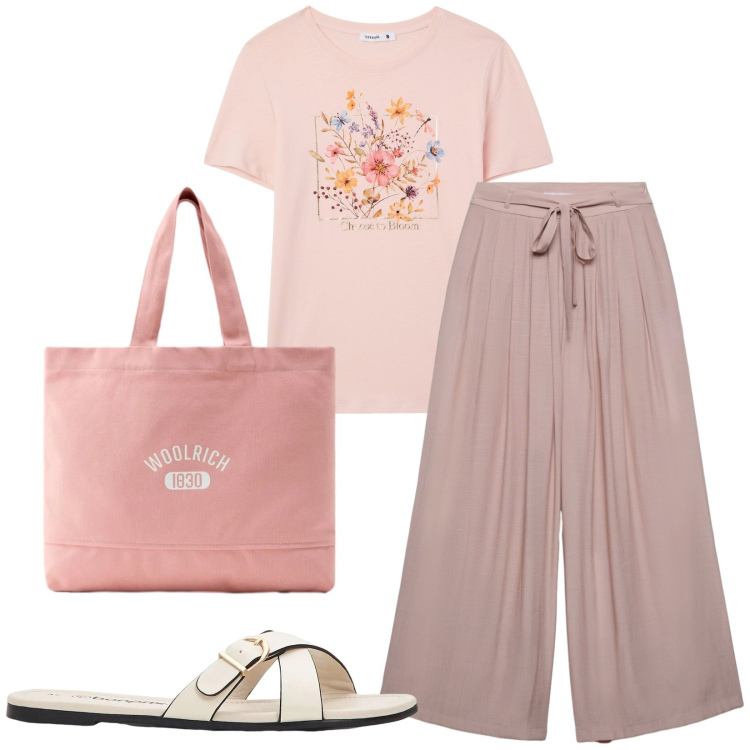 Outfit donna - Total look #2426558. Stile Casual per Tutti i giorni. Abbinamento con ciabatte, pantaloni, t-shirt, borse tote.