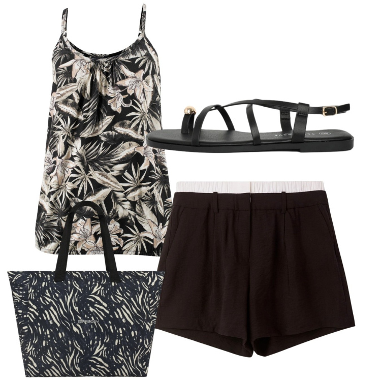 Outfit donna - Total look. Stile Casual per Tutti i giorni. Abbinamento con top, shorts, sandali, shopping bag.