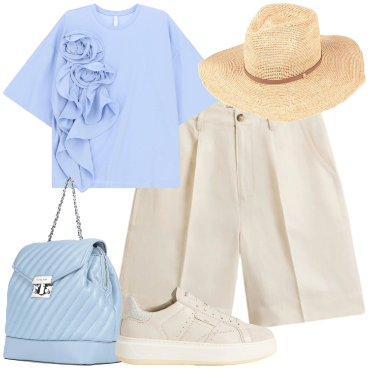 Outfit donna - Giugno. Stile Casual chic per Tutti i giorni. Abbinamento con zaini, cappelli, t-shirt, pantaloni corti, sneakers.