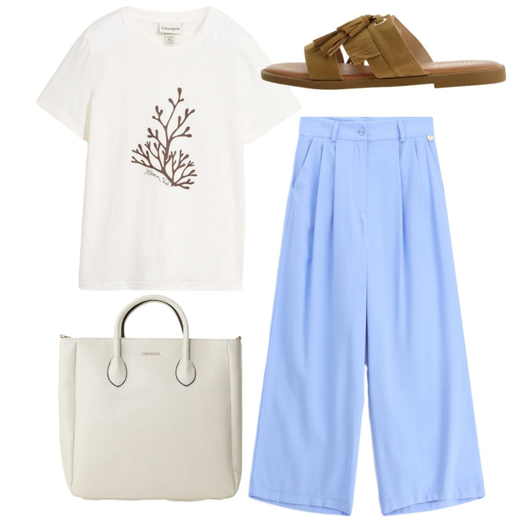 Outfit donna - Total look. Stile Bon Ton per Tutti i giorni. Abbinamento con t-shirt, pantaloni a palazzo, borse a tracolla, sandali.