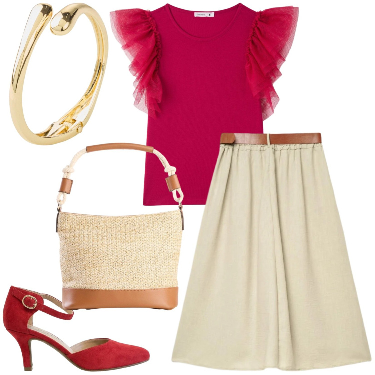 Outfit donna - Ufficio e aperitivo. Stile Bon Ton per Ufficio. Abbinamento con borse a mano, décolleté, braccialetti, gonne lunghe, t-shirt.