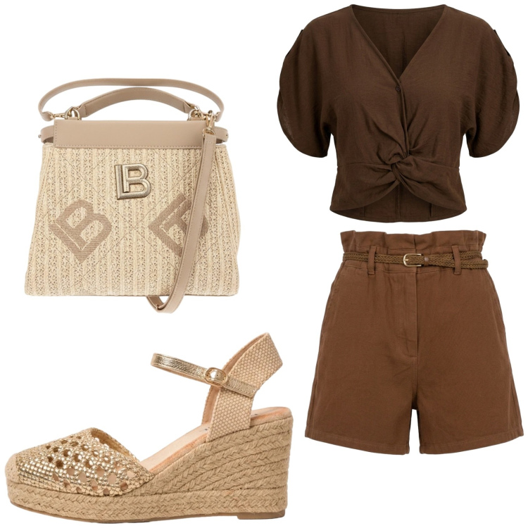 Outfit donna - Saldi Nuna Lie. Stile Etnico per Tutti i giorni. Abbinamento con shorts, t-shirt, espadrillas, borse a tracolla.