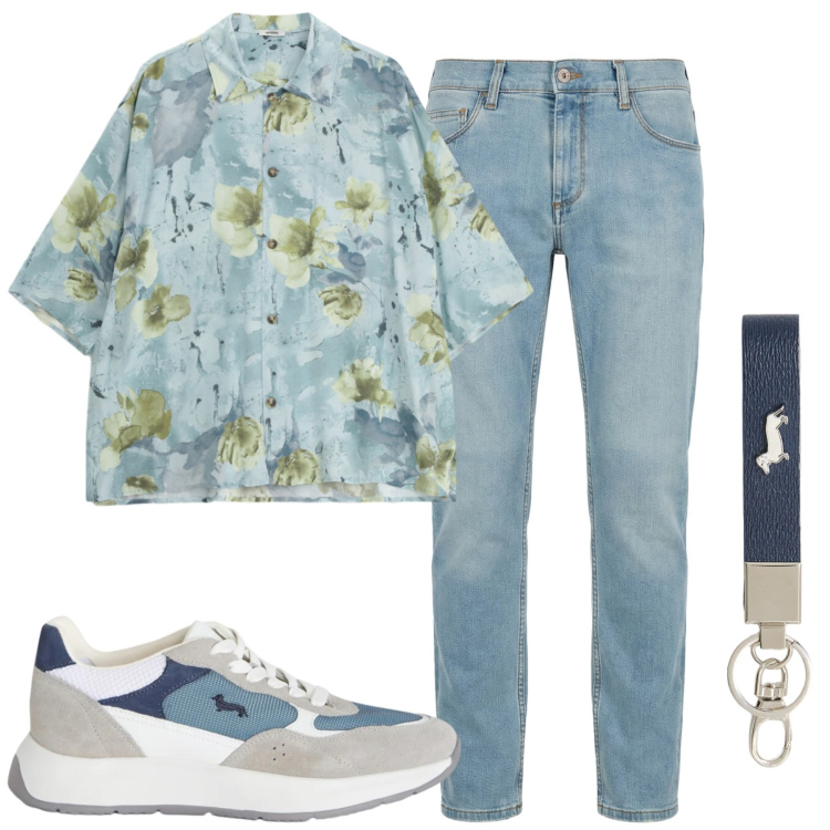 Outfit uomo - Total look #2426578. Stile Casual per Tutti i giorni. Abbinamento con jeans slim fit, sneakers, portachiavi, camicie a manica corta.