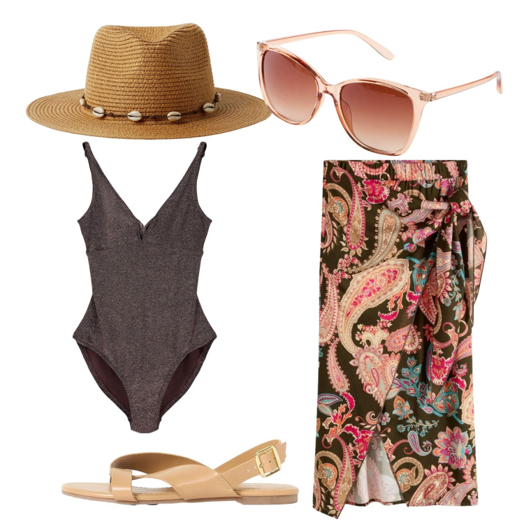 Outfit donna - Total look #2426581. Stile Basic per Mare. Abbinamento con occhiali da sole, sandali, gonne longuette, costumi interi, cappelli.