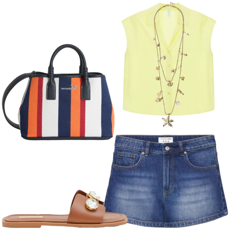 Outfit donna - Total look #2426583. Stile Casual per Tutti i giorni. Abbinamento con shopping bag, shorts, sandali gioiello, collane, camicie a manica corta.