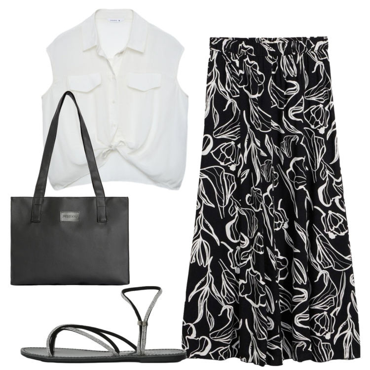 Outfit donna - Total look #2426587. Stile Romantica per Ufficio. Abbinamento con gonne lunghe, sandali, camicie a manica corta, shopping bag.
