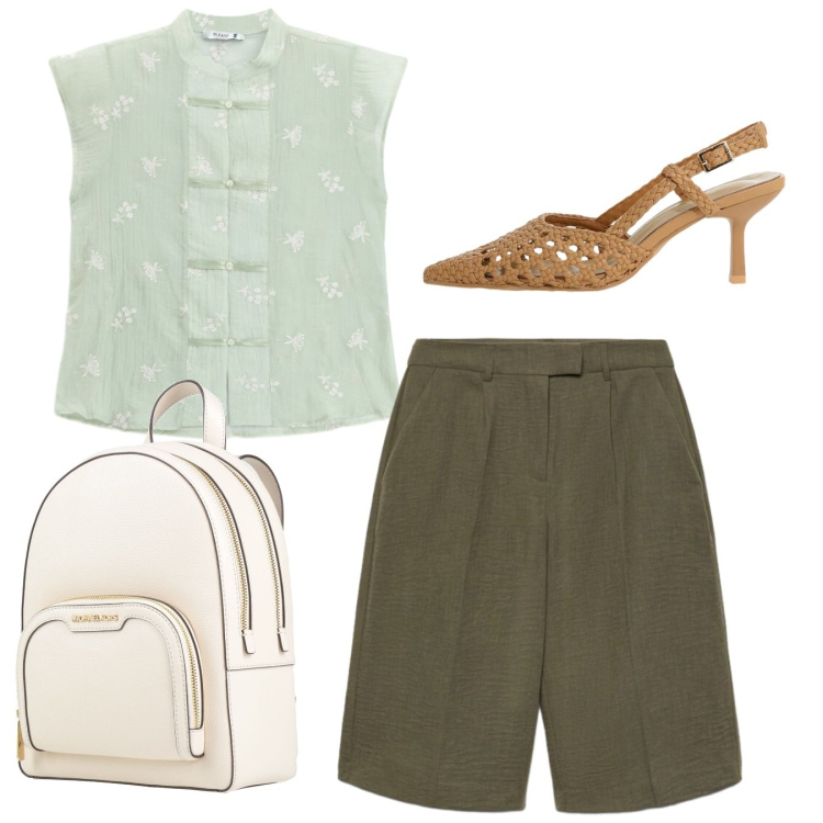 Outfit donna - Total look. Stile Bon Ton per Ufficio. Abbinamento con zaini, bermuda, décolleté, camicie a manica corta.