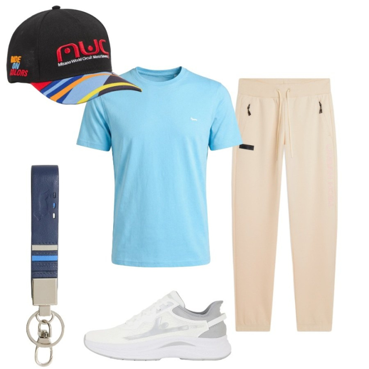 Outfit uomo - Total look #2426595. Stile Casual per Tutti i giorni. Abbinamento con t-shirt, portachiavi, cappelli con visiera, sneakers, pantaloni.