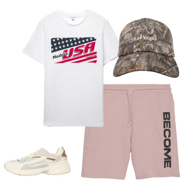 Outfit uomo - Total look #2426598. Stile Urban per Tutti i giorni. Abbinamento con sneakers, cappelli con visiera, bermuda, t-shirt.