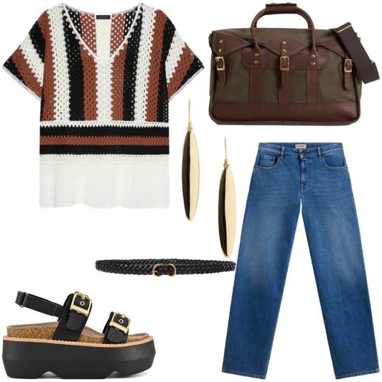 Outfit donna - Total look #2426609. Stile Casual chic per Tutti i giorni. Abbinamento con t-shirt, cinture, orecchini, borse a tracolla, jeans, sandali col tacco.