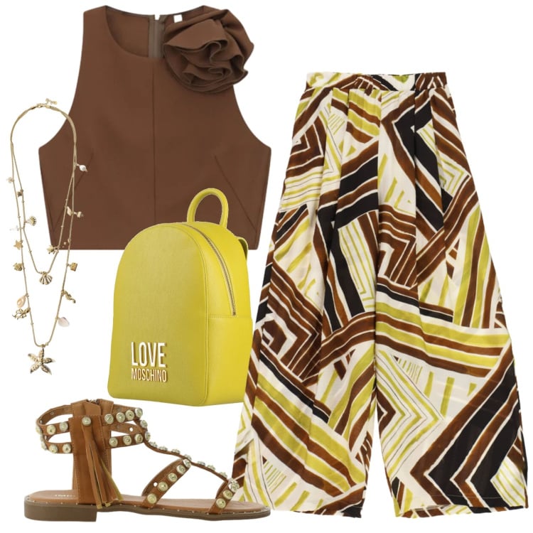 Outfit donna - Total look #2426612. Stile Casual per Tutti i giorni. Abbinamento con zaini, pantaloni a palazzo, top, sandali, collane.