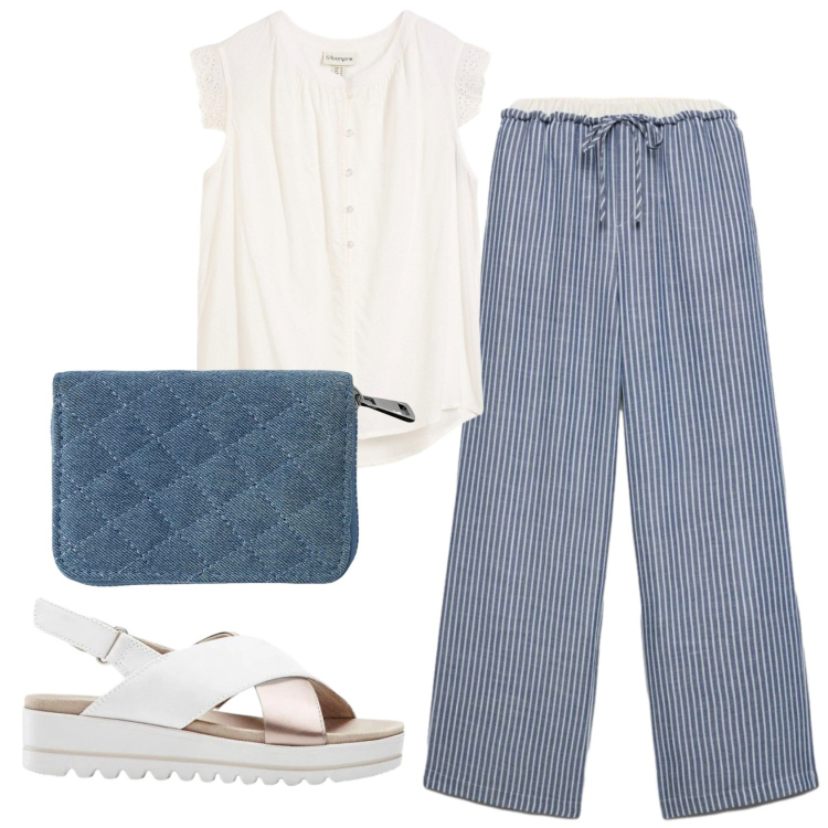 Outfit donna - Total look #2426613. Stile Basic per Ufficio. Abbinamento con top, sandali, pantaloni, portafogli.