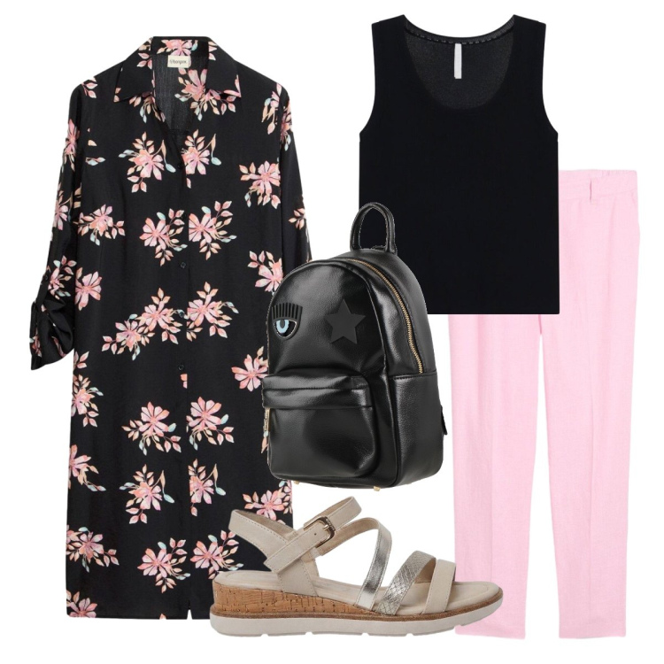 Outfit donna - La camicia come giacca. Stile Romantica per Tutti i giorni. Abbinamento con zaini, pantaloni, sandali, camicie, canottiere.