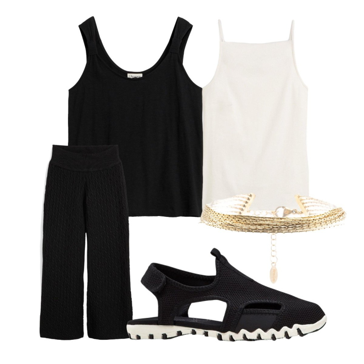Outfit donna - Fine giugno. Stile Sporty chic per Serata fuori. Abbinamento con sandali, canottiere, top, pantaloni, braccialetti.