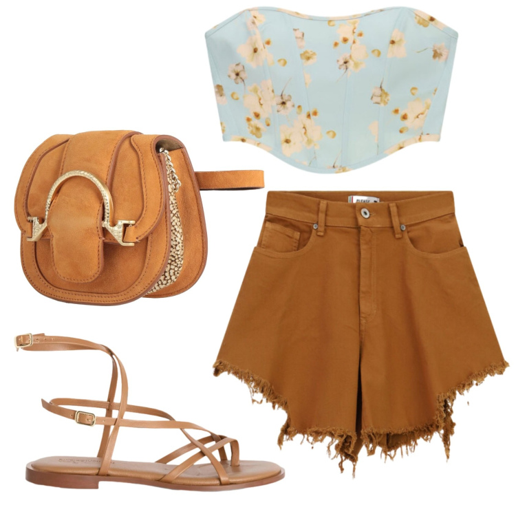 Outfit donna - Total look #2426617. Stile Trendy per Mare. Abbinamento con marsupi, sandali in pelle, top, shorts.
