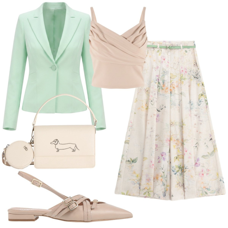 Outfit donna - Matrimonio comodo. Stile Bon Ton per Cerimonia. Abbinamento con ballerine, top, blazer, pantaloni a palazzo, borse a tracolla.