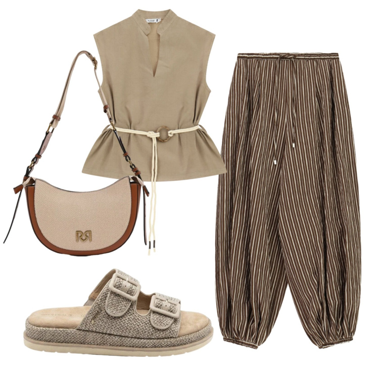 Outfit donna - Total look #2426629. Stile Etnico per Tutti i giorni. Abbinamento con ciabatte, borse a tracolla, pantaloni a palazzo, camicie.