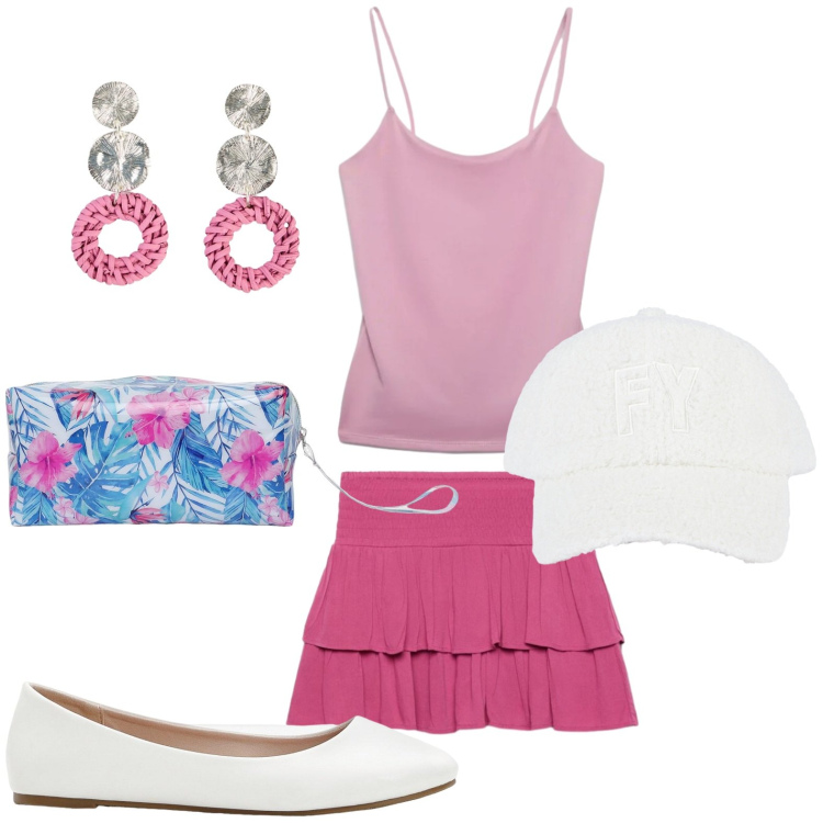Outfit donna - Serate fresche. Stile Casual per Tutti i giorni. Abbinamento con ballerine, orecchini, valigie, canottiere, minigonne, cappelli con visiera.