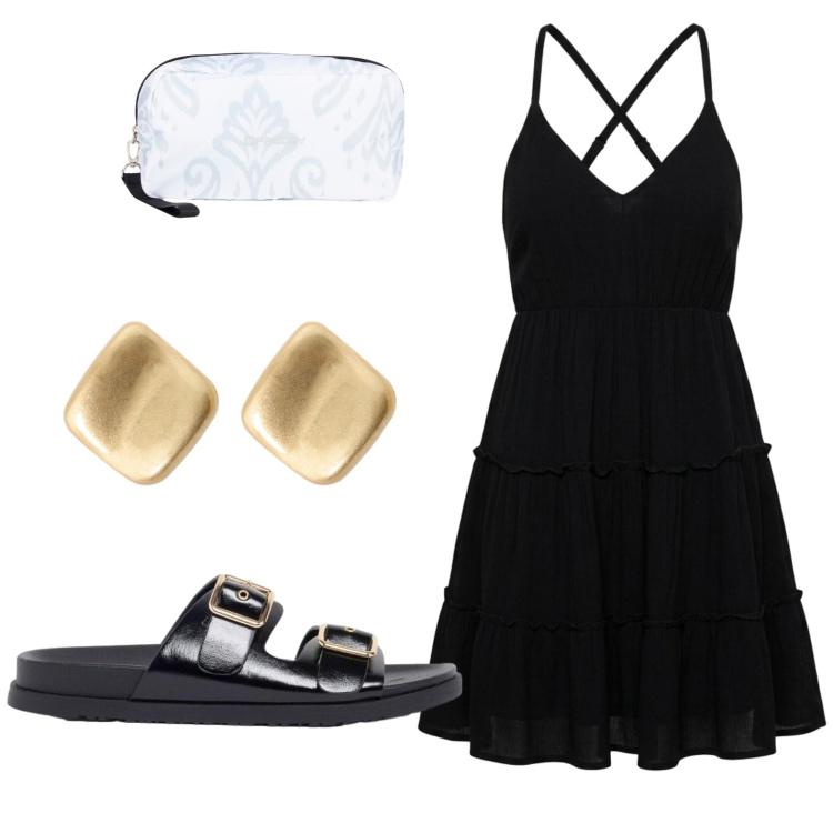Outfit donna - Aperitivo sulla spiaggia. Stile Casual per Mare. Abbinamento con sandali, vestiti corti, orecchini, valigie.