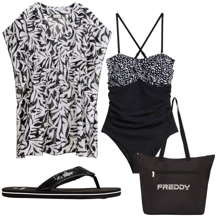 Outfit donna - Total look #2426656. Stile Basic per Mare. Abbinamento con infradito, vestiti da spiaggia, costumi interi, shopping bag.