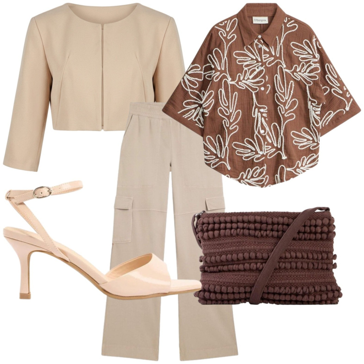 Outfit donna - Camicia con stampa. Stile Bon Ton per Ufficio. Abbinamento con borse a tracolla, camicie a manica corta, sandali col tacco, bolero, pantaloni cargo.