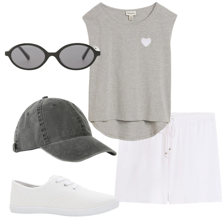 Outfit donna - Total look #2426660. Stile Casual per Sport. Abbinamento con t-shirt, pantaloni corti, sneakers, cappelli con visiera, occhiali da sole.