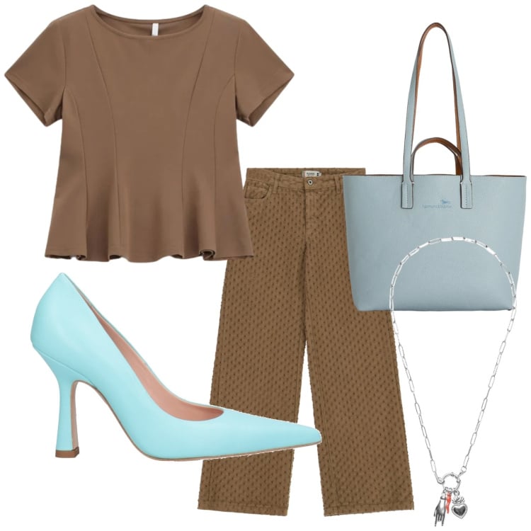 Outfit donna - Casual. Stile Casual per Tutti i giorni. Abbinamento con décolleté, shopping bag, ciondoli, pantaloni, top.