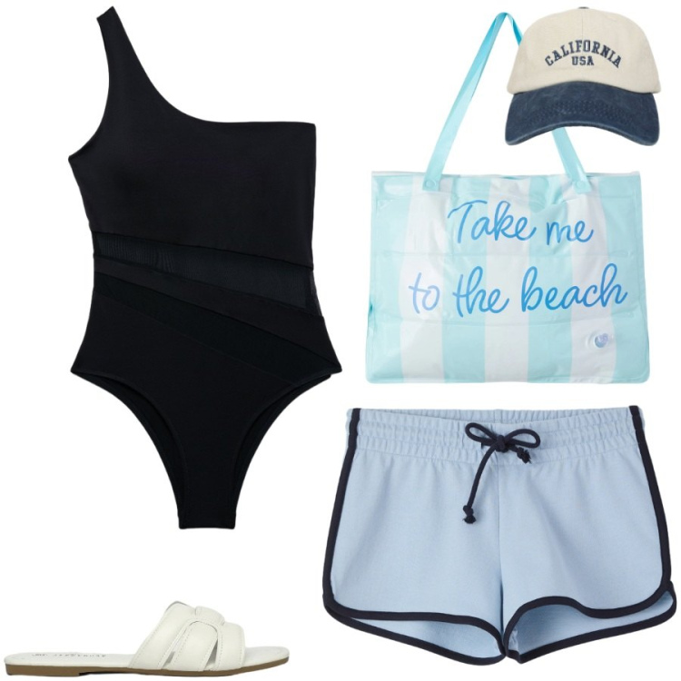 Outfit donna - Total look #2426667. Stile Casual chic per Mare. Abbinamento con shorts, costumi interi, borse tote, cappelli con visiera, ciabatte.