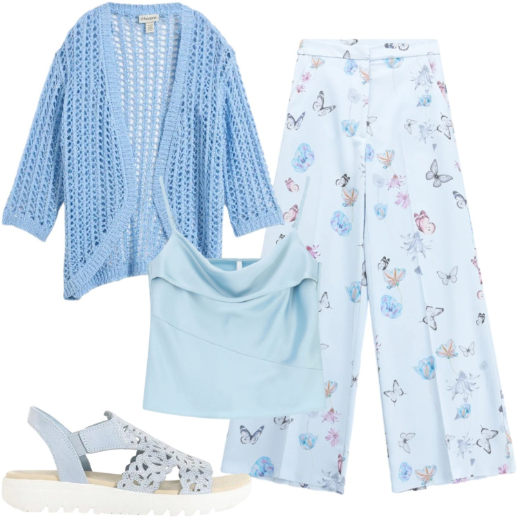 Outfit donna - Solo azzurro. Stile Casual per Tutti i giorni. Abbinamento con sandali col tacco, cardigans, pantaloni a palazzo, canottiere.