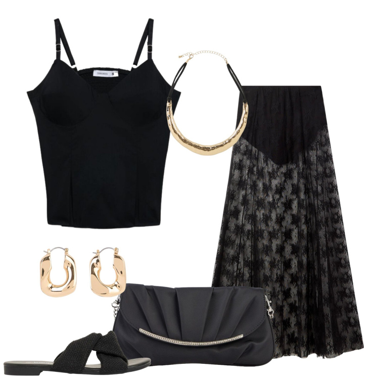 Outfit donna - Vedo non vedo. Stile Glamour per Tutti i giorni. Abbinamento con orecchini, clutch, sandali, collane, canottiere, gonne lunghe.