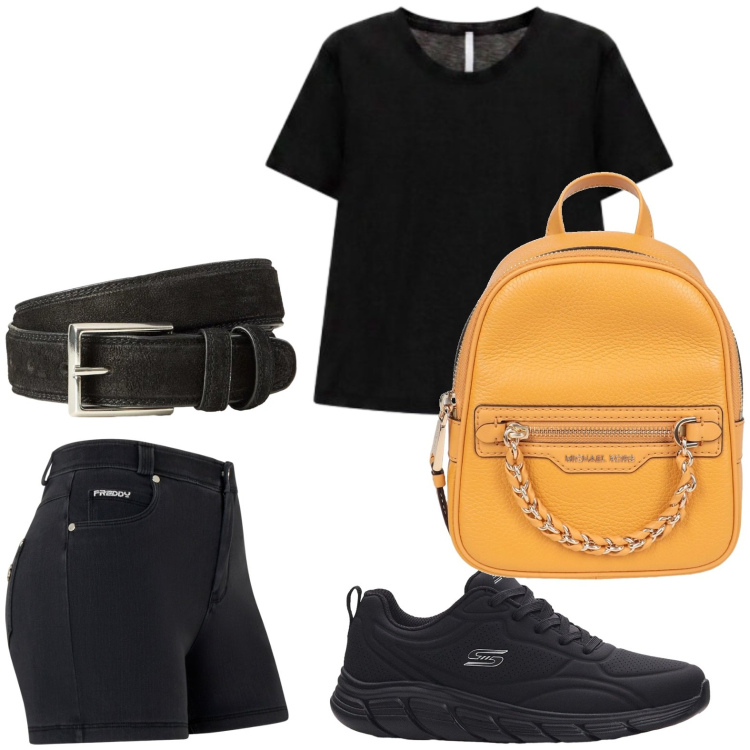 Outfit donna - Touch yellow. Stile Casual per Tutti i giorni. Abbinamento con zaini, sneakers, cinture, t-shirt, shorts.