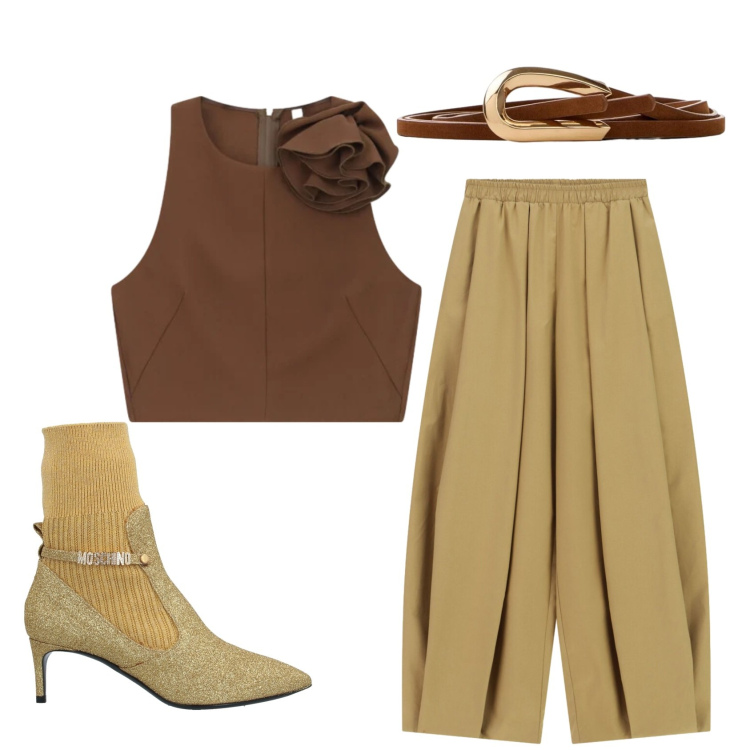 Outfit donna - Total look #2426682. Stile Trendy per Serata fuori. Abbinamento con stivaletti, cinture, pantaloni a palazzo, top.