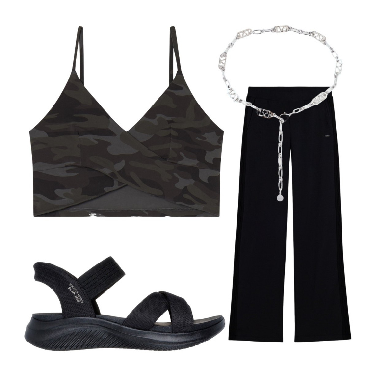 Outfit donna - Black style summer sales. Stile Sporty chic per Serata fuori. Abbinamento con cinture, pantaloni, top, sandali col tacco.