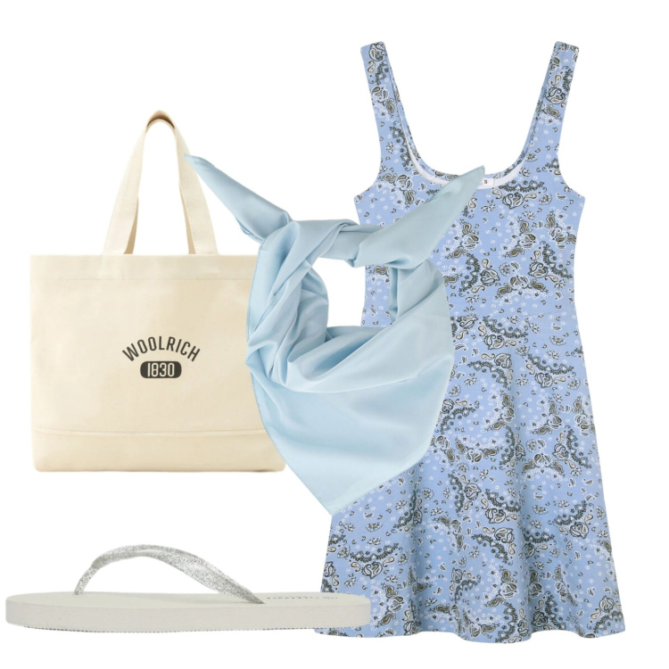 Outfit donna - Leggerezza. Stile Casual per Tutti i giorni. Abbinamento con vestiti corti, infradito, foulard, borse tote.