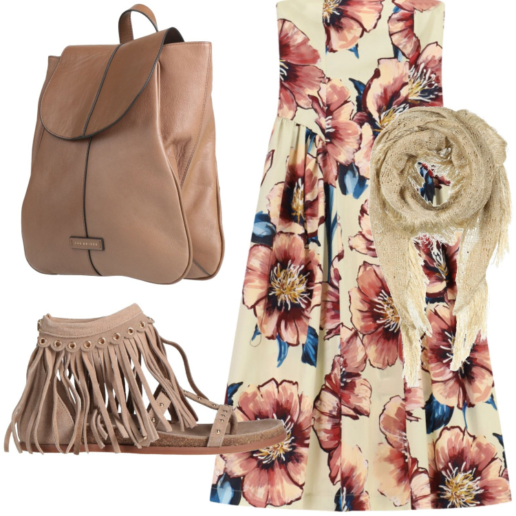 Outfit donna - Abito floreale. Stile Glamour per Tutti i giorni. Abbinamento con zaini, stole, infradito, vestiti midi/longuette.