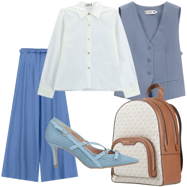 Outfit donna - Slingback eleganti. Stile Glamour per Tutti i giorni. Abbinamento con zaini, décolleté, pantaloni a palazzo, gilet, camicie.