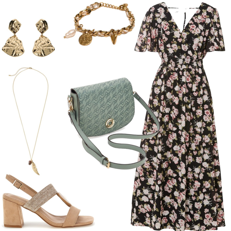 Outfit donna - Per una serata fuori. Stile Chic per Serata fuori. Abbinamento con vestiti lunghi, collane, orecchini, braccialetti, borse a tracolla, sandali col tacco.