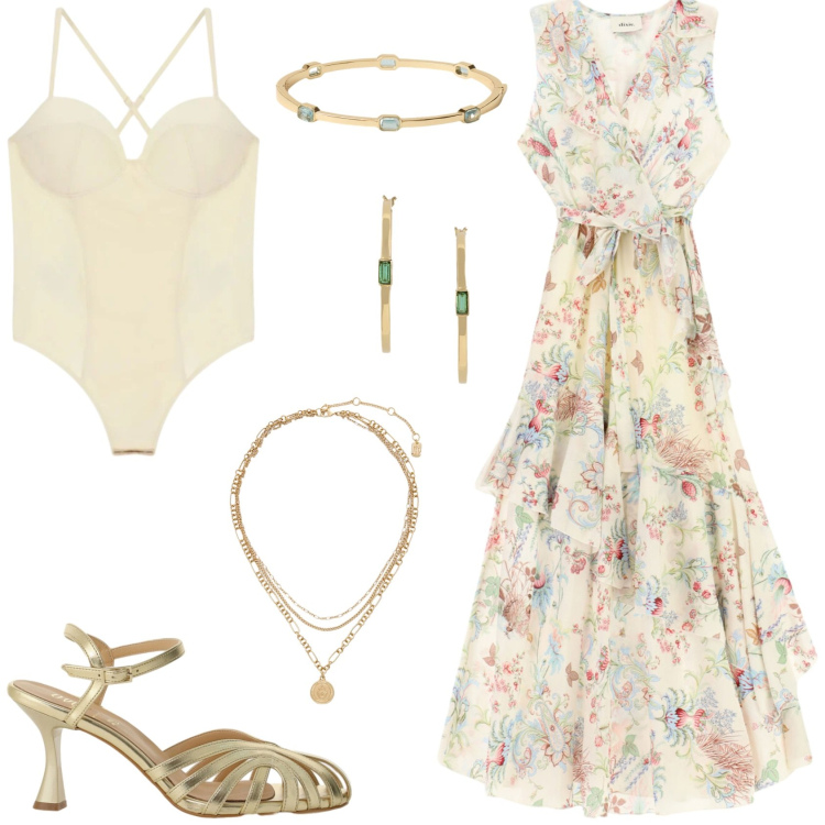 Outfit donna - Come una dea dei boschi. Stile Glamour per Cerimonia. Abbinamento con body, sandali col tacco, vestiti lunghi, ciondoli, braccialetti, orecchini.