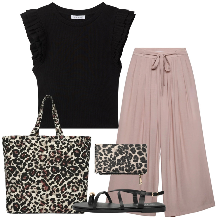 Outfit donna - Total look #2426760. Stile Casual chic per Tutti i giorni. Abbinamento con pantaloni, sandali, t-shirt, shopping bag, portafogli.