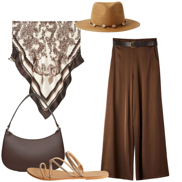 Outfit donna - Total look #2426761. Stile Casual chic per Tutti i giorni. Abbinamento con pantaloni, cappelli, borse a tracolla, sandali, top.
